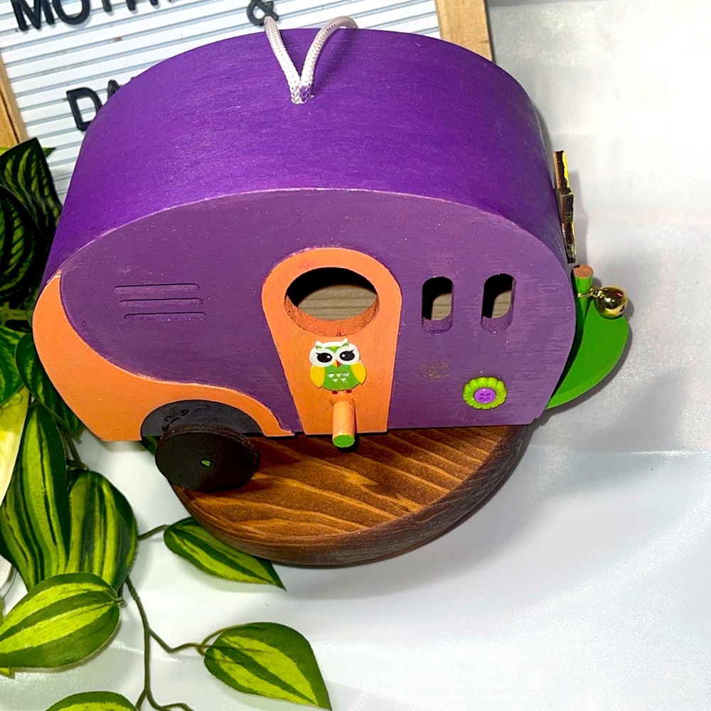 Camper Birdhouse ART Home Hanging Travel Trailer Wood Bird House Flower Peace